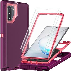 for Samsung Galaxy Note 10 Case with 2Pcs Self Healing Flexible TPU Screen Protector & Camera Lens Protector, 3 in 1 Heavy Duty Shockproof/Drop Proof/Dust Proof Case (Wine Red/Rose Pink)