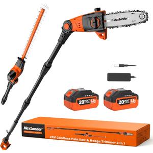 MAXLANDER 2-in-1 Cordless Pole Saw & Hedge Trimmer, 8-Inch Electric Pole Saw 18-Inch Pole Hedge Trimmer, 15ft Max Reach, 16ft/s Speed, Auto Oiling, with 20V 2X3.0Ah Battery & Charger for Tree Trimming