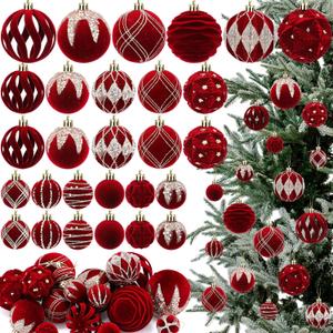 Gemscream 48 Pcs Burgundy Velvet Christmas Balls Flocked Christmas Tree Ornaments with 10 Styles in 3 Sizes Plastic Balls Xmas Hanging Ornaments Decoration