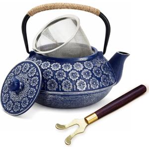 Juvale Japanese Cast Iron Teapot with Infuser & Stovetop Tea Kettle - 34 oz, Blue - Heat Retention, Removable Lid & Fold-Down Handle