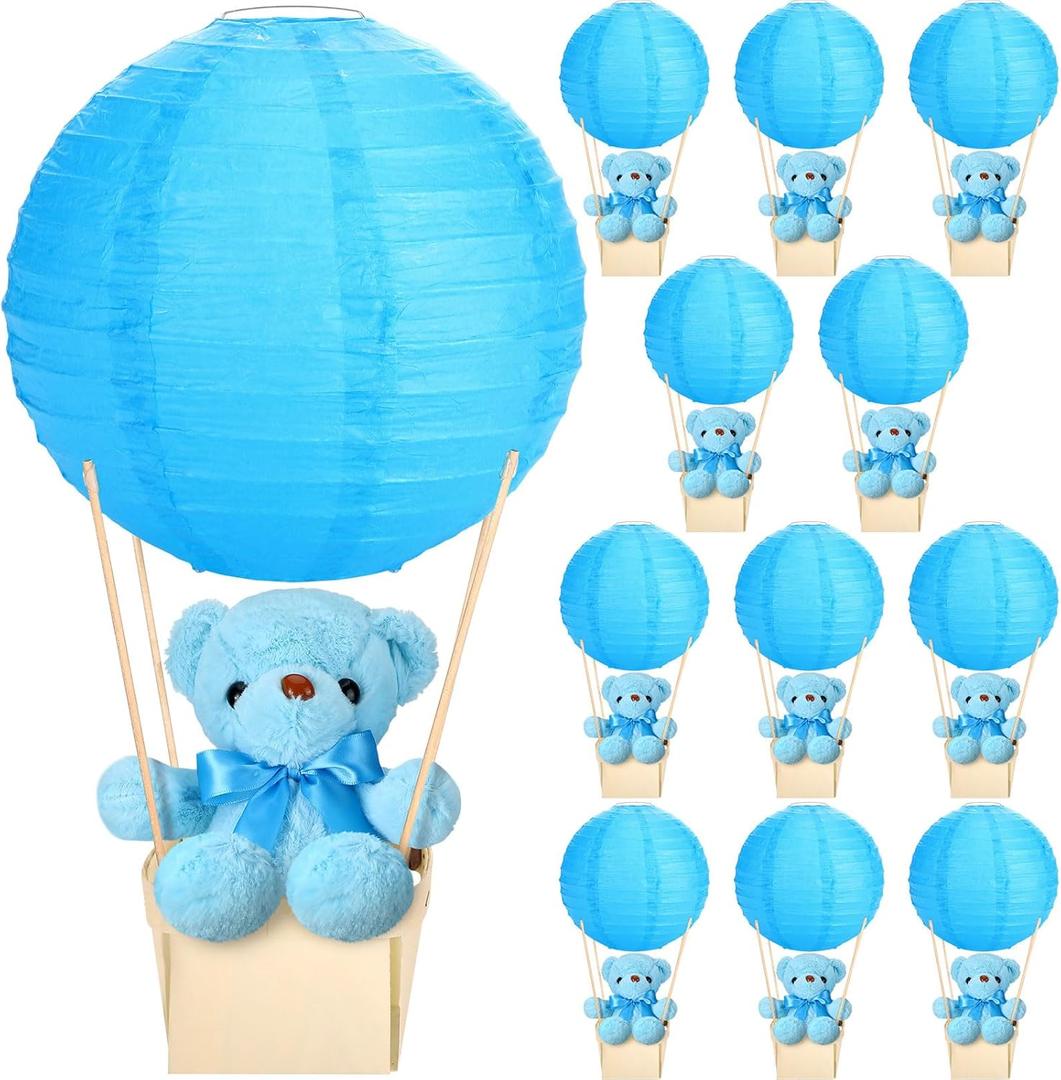 Baquler 12 Sets Baby Shower Hot Air Balloon Table Centerpieces DIY Paper Lanterns Stuffed Plush Bear Wooden Baskets for Wedding Birthday Gender Reveal (Blue,Solid Style)