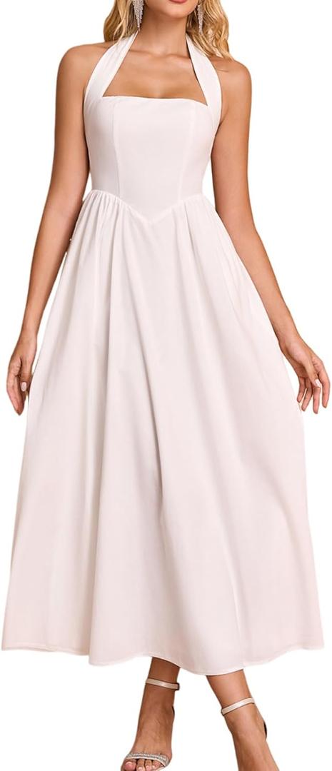 Halter Wedding Guest Midi Dress Corset Flowy A Line Tea Party Sundress 2026 Milkmaid Dresses with Pockets White, Large