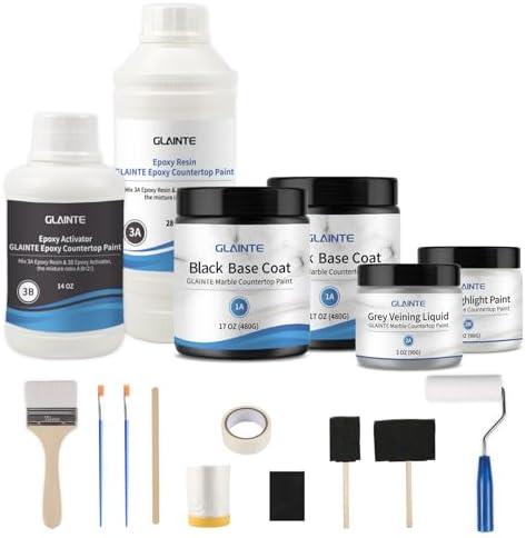 GLAINTE Black Marble Countertop Paint Kit Epoxy Countertop Refinishing Paint Kit, Kitchen Bathroom Coating For Marble, Granite, Formica, Laminate Cover 38 Sq.Ft