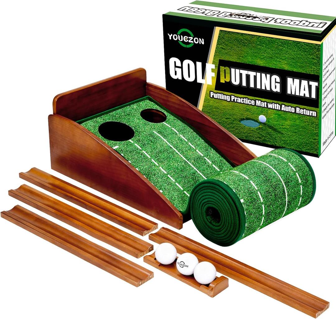 Putting Green Indoor,Golf Putting Mat with Auto Ball Return,Premium Crystal Velvet Surface, Practice Putting mat, Perfect Training Aid & Gift for Golf Lovers Christmas (Dark brown two holes)