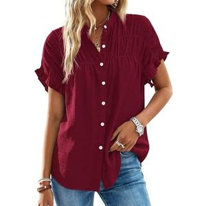 MASCOMODA Womens 2026 Button Down Shirts Ruffle Short Sleeve Loose Summer Tops Dressy Casual V Neck Business Work Blouses, Medium,  Wine Red