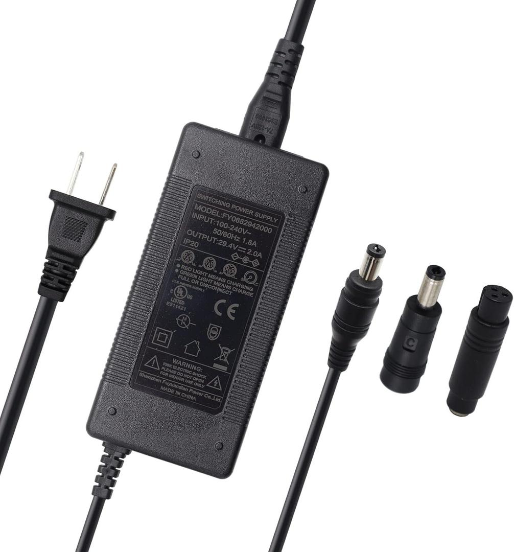 29.4V 2A Charger Power Supply Adapter for 24V 7S Lithium Battery Pack, Li-ion Battery Charger, 5.5x2.1mm Round Plug, with 5.5x2.5mm and 8mm Female 3-Pin Inline tip