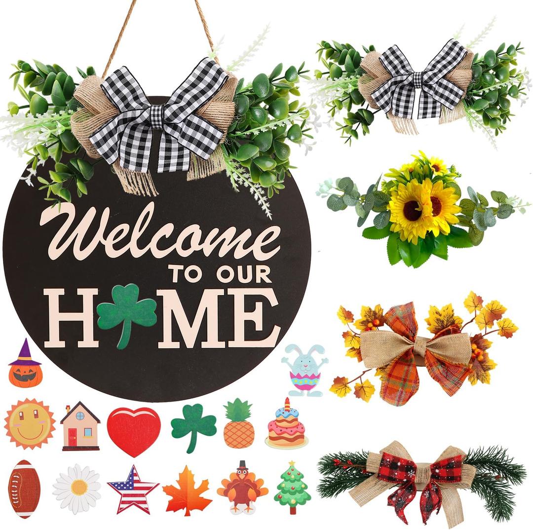 Interchangeable Welcome Sign for Front Door Decoration with 4 Seasonal Wreaths and 14 Holiday Icons, Black Welcome Door Hanger, Rustic Wooden Front Porch Sign Home Decor, Black