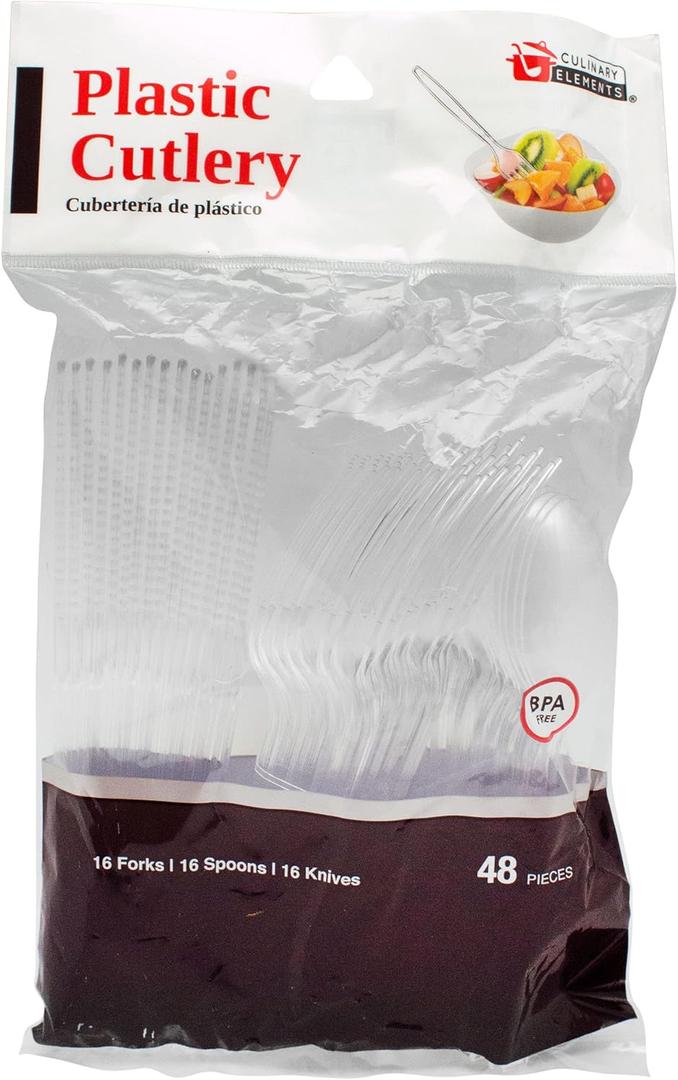 Disposable Clear Plastic Cutlery: Plastic Utensils for Parties, Picnics, Weddings, Baby Showers, Birthdays Parties, Office, Home And School - 16 Forks, 16 Knives, And 16 Spoons - 48 Count (Assorted Cutlery - 48 count)