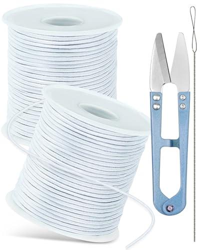 2 Rolls FIVEIZERO White Elastic Bracelet String Total 330 Feet,1mm,1.2mm,1.5mm Elastic Cord for Beading Stretchy String with Beading Needle for Bracelets,Sewing,Necklace,Jewelry Making and Crafts