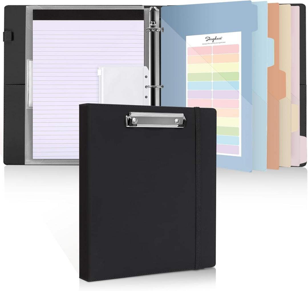 SKYDUE 3 Ring Binder with Clipboard 1 Inch, 13.2" 10.2" PU Binder with Notepad & 5 Dividers with 5 Pockets, Labels, Clipboard Folder Great for School Office (Fit Letter Sized Paper) (Black)