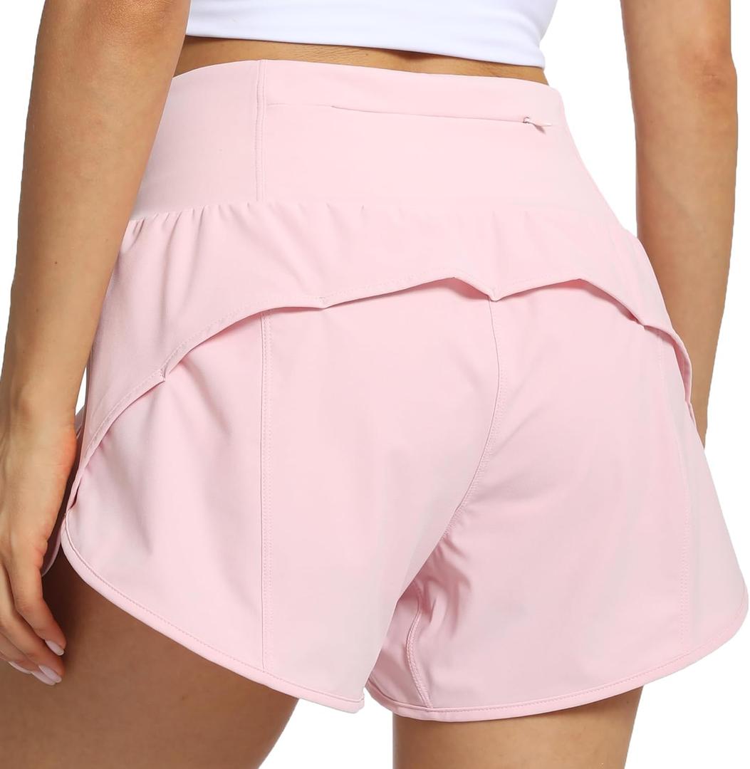 Kcutteyg Running Shorts for Women with Liner High Waisted Lightweight Womens Workout Shorts with Back Pocket- 4" (Pink, M) (Pink, M)