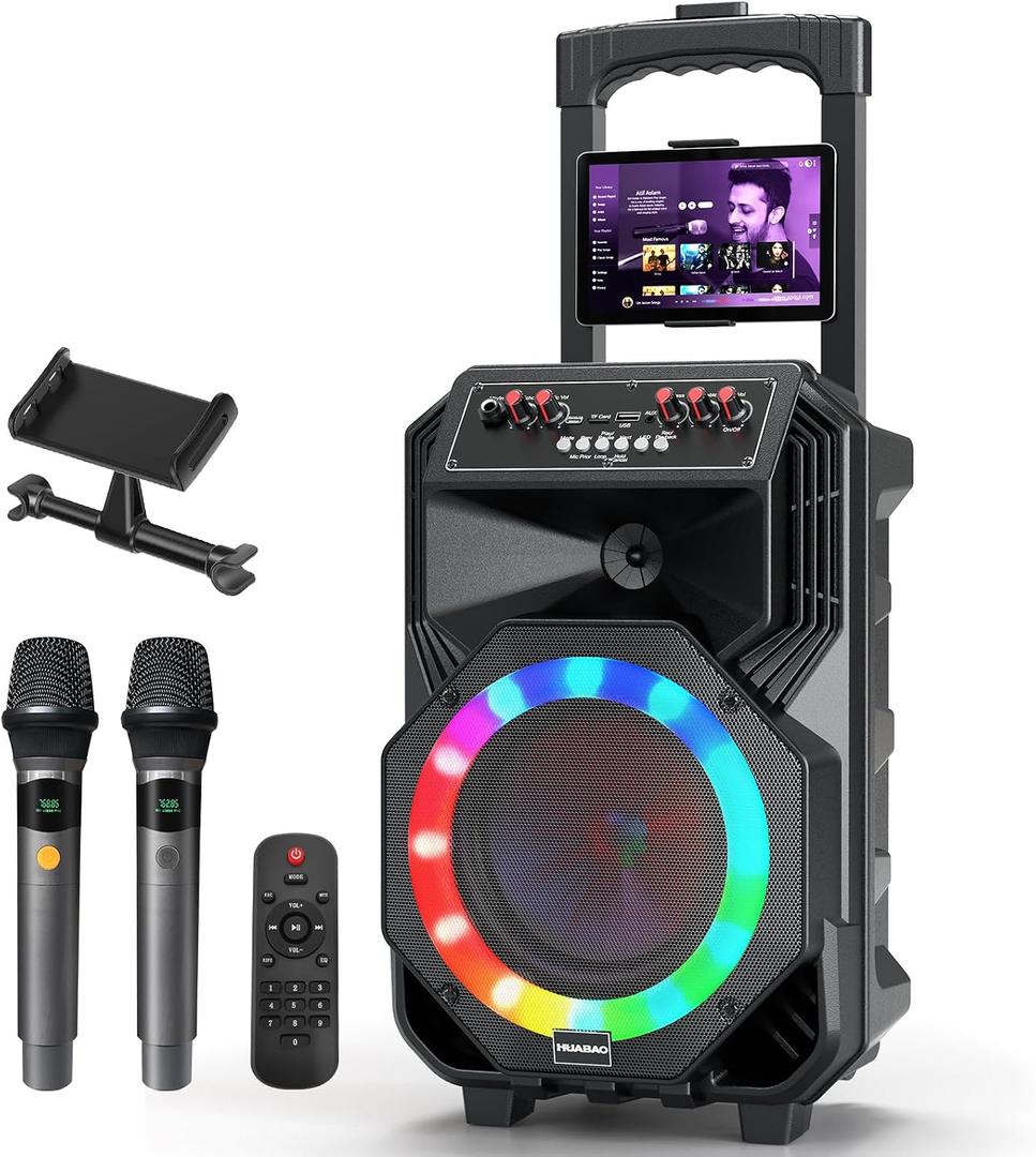 Karaoke Machine with 2 Wireless Microphones, Rolling Wheels, and Trolley 8800mAh Portable Bluetooth Speaker, PA System with Lights, Adjustable Bass/Treble/Echo for Parties, Indoor and Outdoor Use