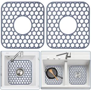 2 Pack Silicone Sink Protectors for Kitchen Sink - 12" x 11" Kitchen Sink with Center Drain Accessory, Non-Slip Heat-Resistant Mat for Bottom of Porcelain Stainless Steel, Dishwasher Safe (Gray)