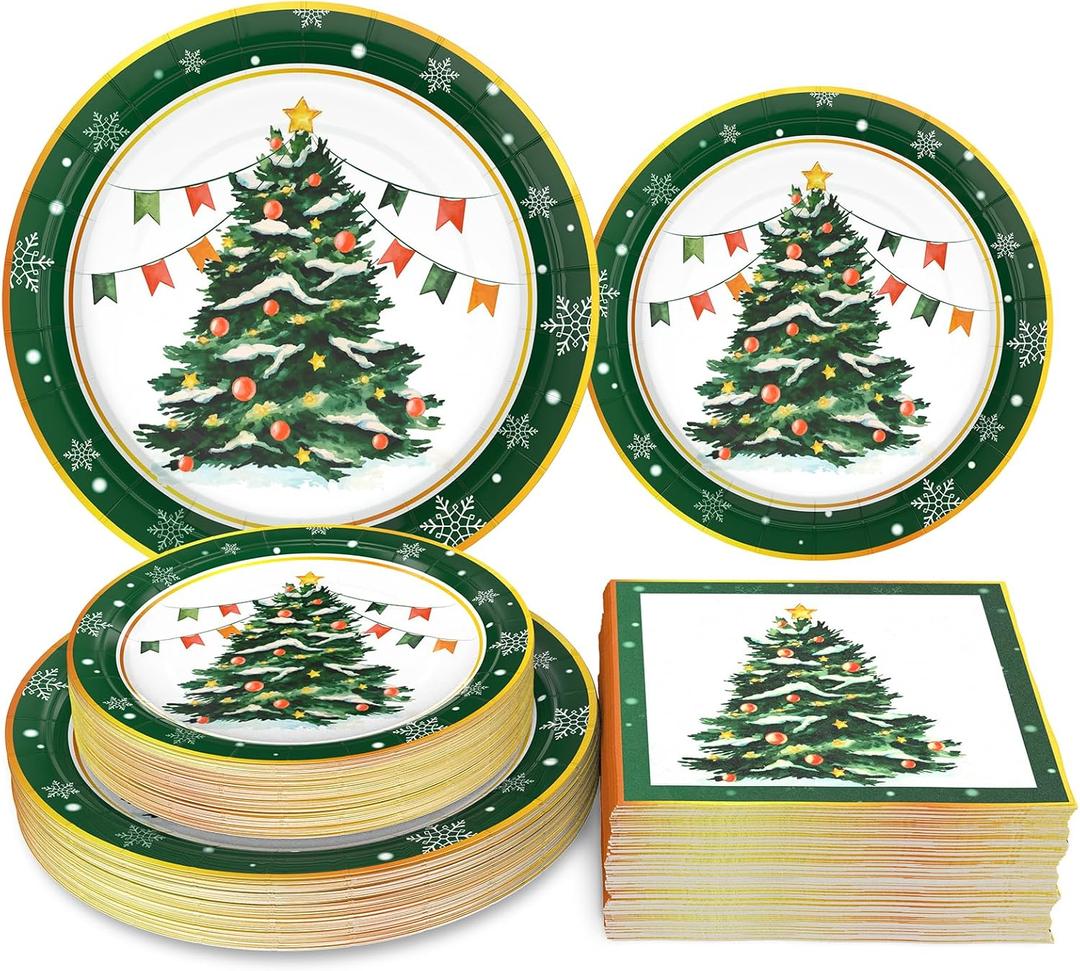 Homlouue 200 PCS Christmas Paper Plates and Napkins, Green Christmas Tree Disposable Dinnerware Set, Christmas Party Supplies Decoration, Holiday Party Plates for Christmas Xmas Winter Serves 50