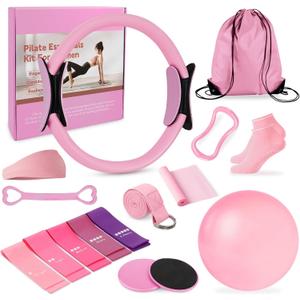 Pilates Ring Set for Women Home Pilates Equipment Kit with 12.5" Pilates Ring,Mini Ball,5 Resistance Bands, Sliders & Grip Socks Complete Starter Set for Toning,Strength & Flexibility, Pink 