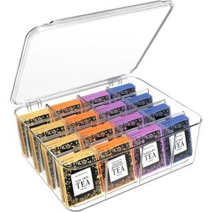 Extra Large Tea Bag Organizers and Storage, Clear Acrylic Tea Box Organizer Storage Box with Lid, Teabag Holder Organizer for Countertop, Cabinet, Drink Packets Caddy for 16 Different Types