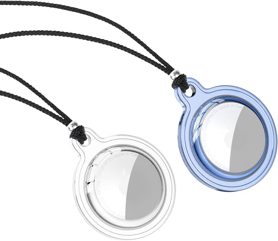 Airtag Necklace for Kids, Adjustable Waterproof Silicone Holder with Lanyard, Lightweight & Safe, 2 Pack (Clear + Blue)