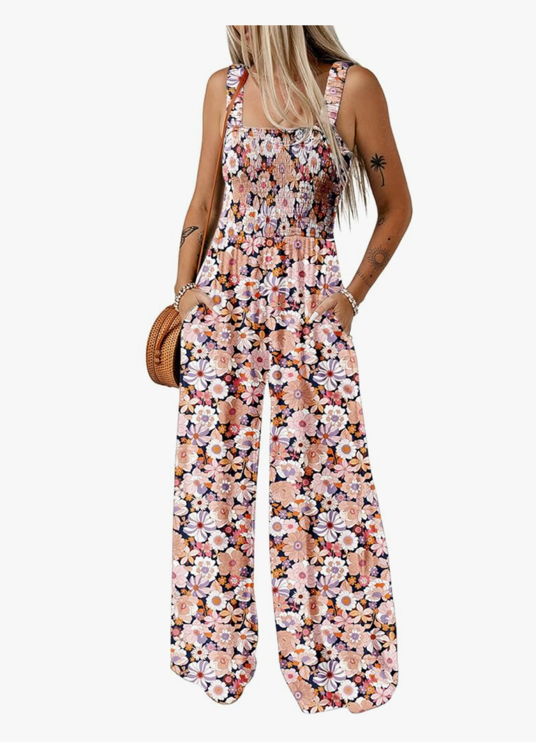 Dokotoo Women's Casual Loose Overalls Jumpsuits One Piece Sleeveless Printed Wide Leg Long Pant Rompers With Pockets, M