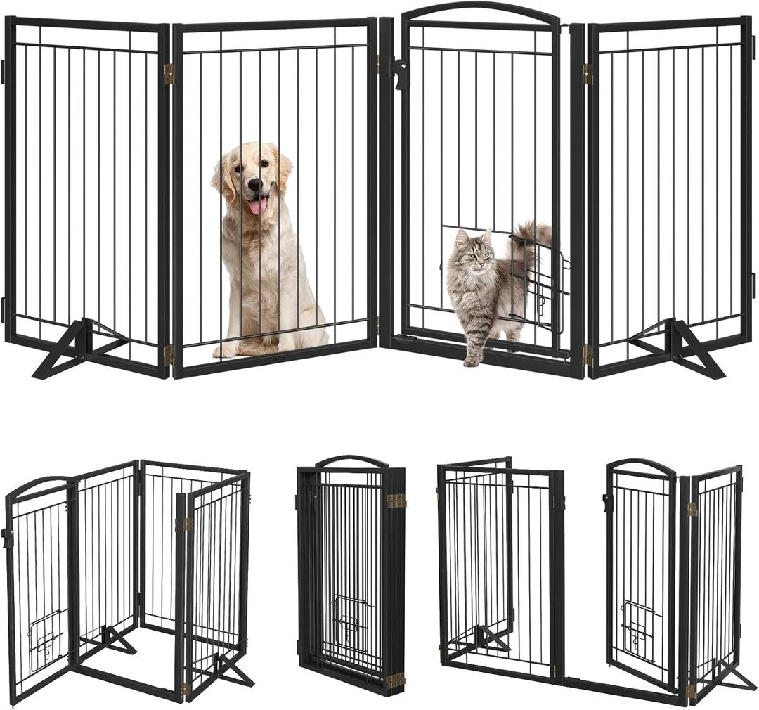 Metal Free Standing Dog Gate with Cat Door for Indoor/Outdoor,80" Extra Wide Foldable Pet Gate,32" Tall Foldable Indoor Dog Fence for Large Openings Stairs,Deck,Yard,Doorways (4 Panels, Black)