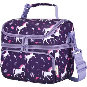 Kasqo Lunch Bag Kids, Dual Compartment Insulated Cooler Bag 7.5L Girls Boys Toddler Lunch Box Containers for Daycare School Kindergarten Travel Purple Unicorn