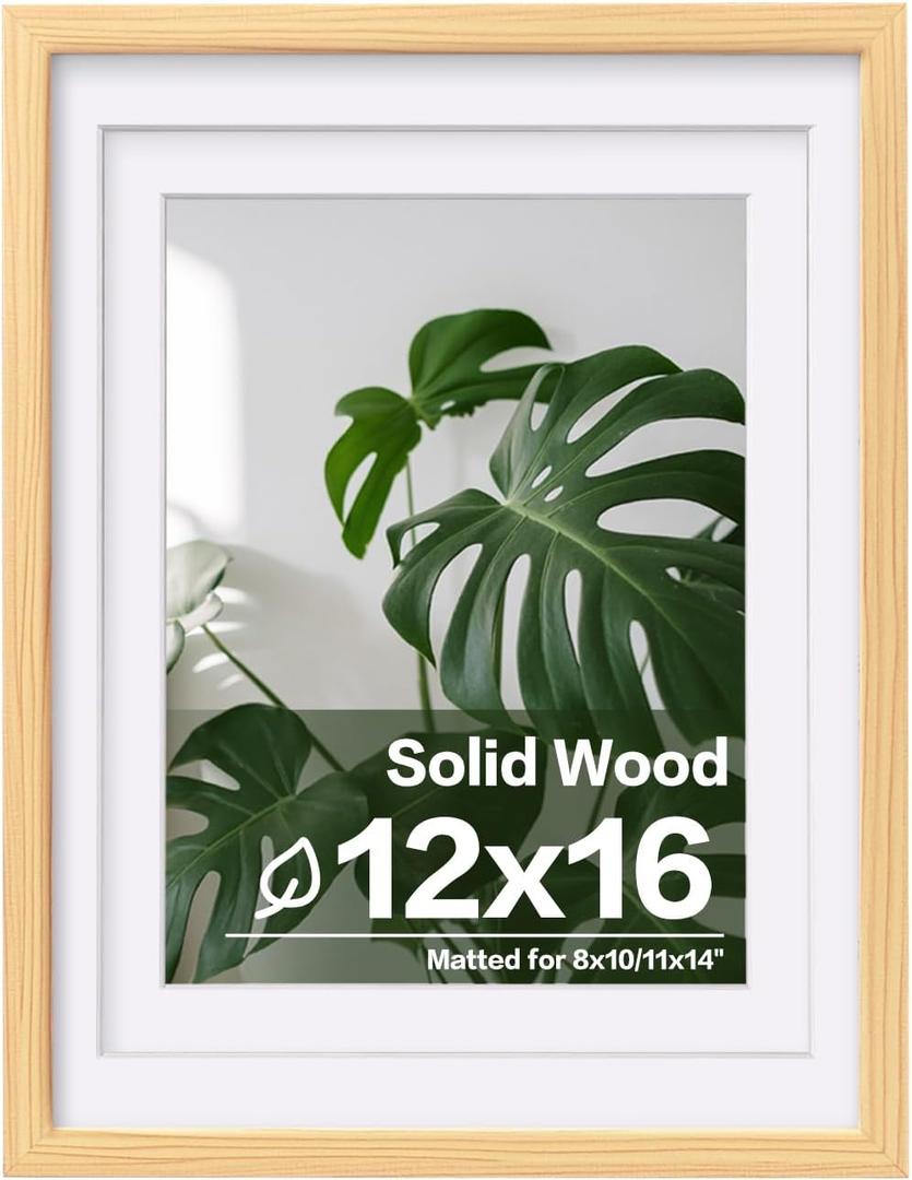 Egofine 12x16 Picture Frame Natural Wood with Plexiglass Made of Solid, Display Pictures 9x12/11x14 with Mat or 12x16 Without Mat for Wall Mounting
