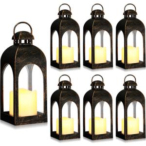 Tujoe 6 Pcs 10 Inch Decorative Candle Lantern Bulk for Wedding Centerpieces Lanterns with LED Flameless Candle Indoor Outdoor Hanging Lights for Wedding Party, Battery Included (Dark Bronze)
