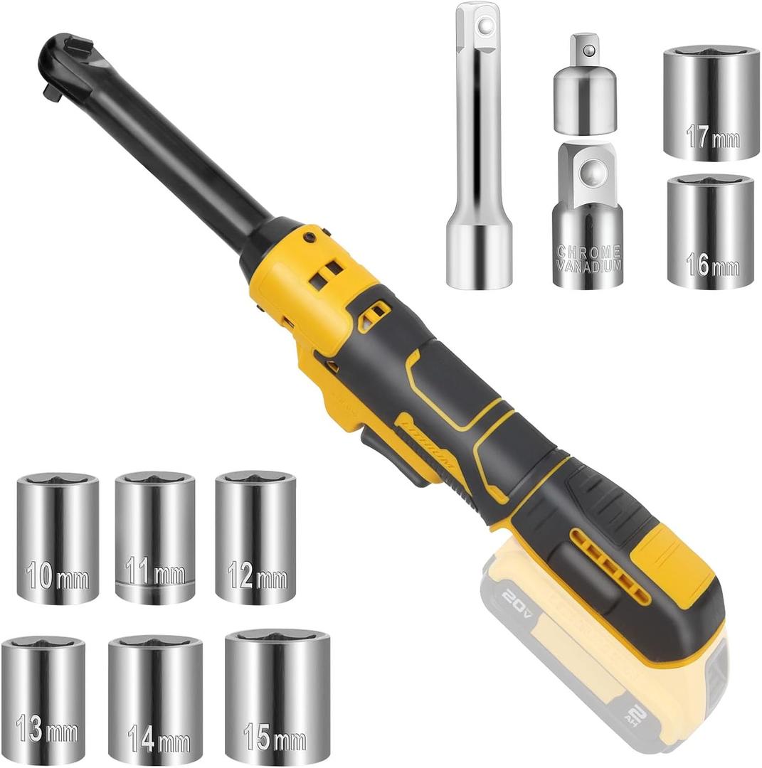 Cordless Ratchet for Dewalt 20V Battery, 20V Ratchet Wrench 3/8" Electric Ratchet 74Ft-Lbs with Reinforced 6.3 inch Head, 1/2" and 1/4" Adapter, 3" Extension Bar (Total 11 Accessories)