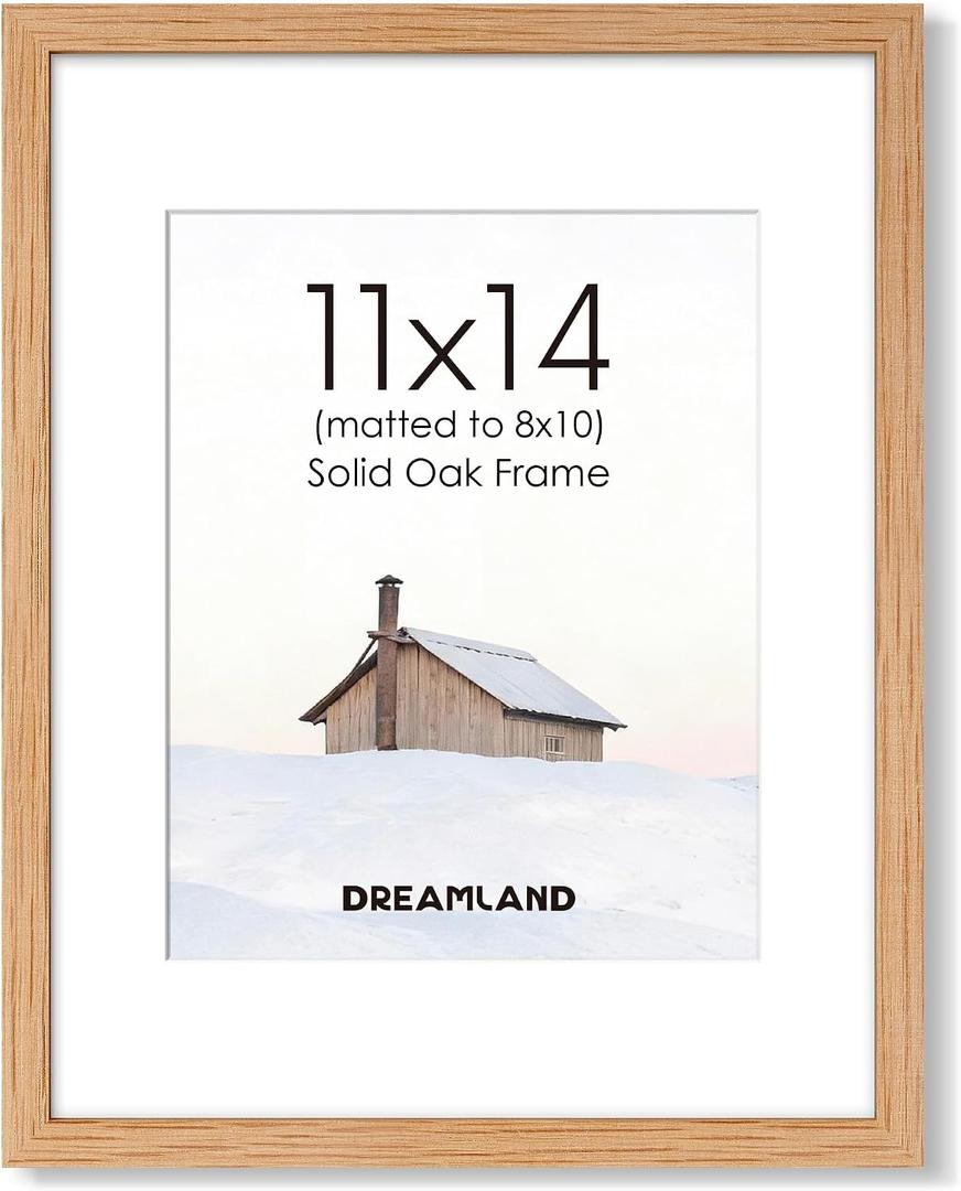 Dreamland 11x14 Picture Frame with Mat for 8x10, Solid Oak Wood 11 x 14 Frames with Resistant Plexiglass, 11 by 14 Wooden Gallery Wall Frames for Art, Wall Display Only, Set of 1