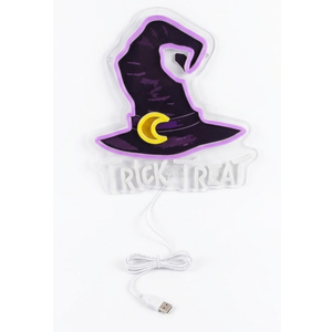 Halloween Neon Sign - "Trick or Treat" Witch Hat LED Neon Light - Purple & Yellow Wall Decor for Home, Party, Bar, and Kids' Room