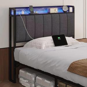 Twin Size Upholstered Headboard with LED Lights & Charging Station, USB & Type C Port, Linen Upholstery, Twin Headboard Only, Height Adjustable Attach Frame Sturdy and Stable Easy Assembly (Gray)