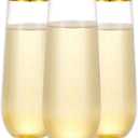N9R 12PCS Plastic Champagne Flutes, 9 oz Stemless Disposable Gold Rim Toasting Glasses, Crystal Clear Cocktail Cups Drinkware Shatterproof Ideal for Party Wedding Birthday