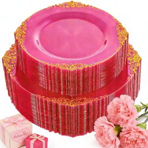102PCS Clear Hot Pink Plastic Plates - Pink Disposable Plate with Gold Rim - Hot Pink Party Plates Include 51PCS 7.5inch Dessert & 10.25inch Dinner Plate for Wedding Birthday Party Mothers Day