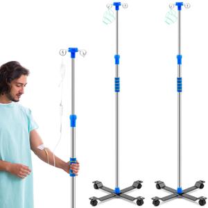TrelaCo 2 Pack Rolling IV Pole Stand Rack Stainless Steel IV Supplies with 4 Hook 2 Nets to Hold IV Bags, Adjustable Height from 45 to 78 Inches for Hospital Clinic Home (4 Legs Style)