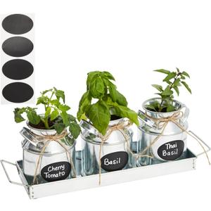 Set of 3 Galvanized Metal Window Herb Planters for Indoor Plants, Farmhouse Flowers Pots with Tray (4" D x 14" W x 5" H)