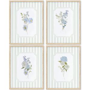 Blue White Florals Wall Art Sage Green Striped Hydrangea Pictures Wall Decor White Roses Posters Grandmillennial Rustic Farmhouse Wildflowers Painting Print Artwork for Nursery Living Room, Unframed, 16''Lx12''W-Unframed