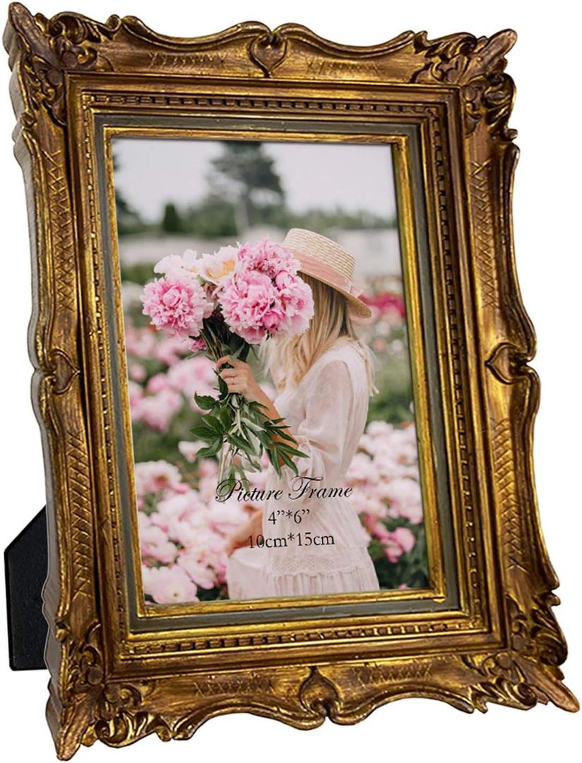 PHAREGE 4x6 Vintage Bronze Gold Picture Frame, 4 by 6 Ornate Antique Picture Frame for Wedding, Retro Photo Frame Displays Horizontally or Vertically On Tabletop