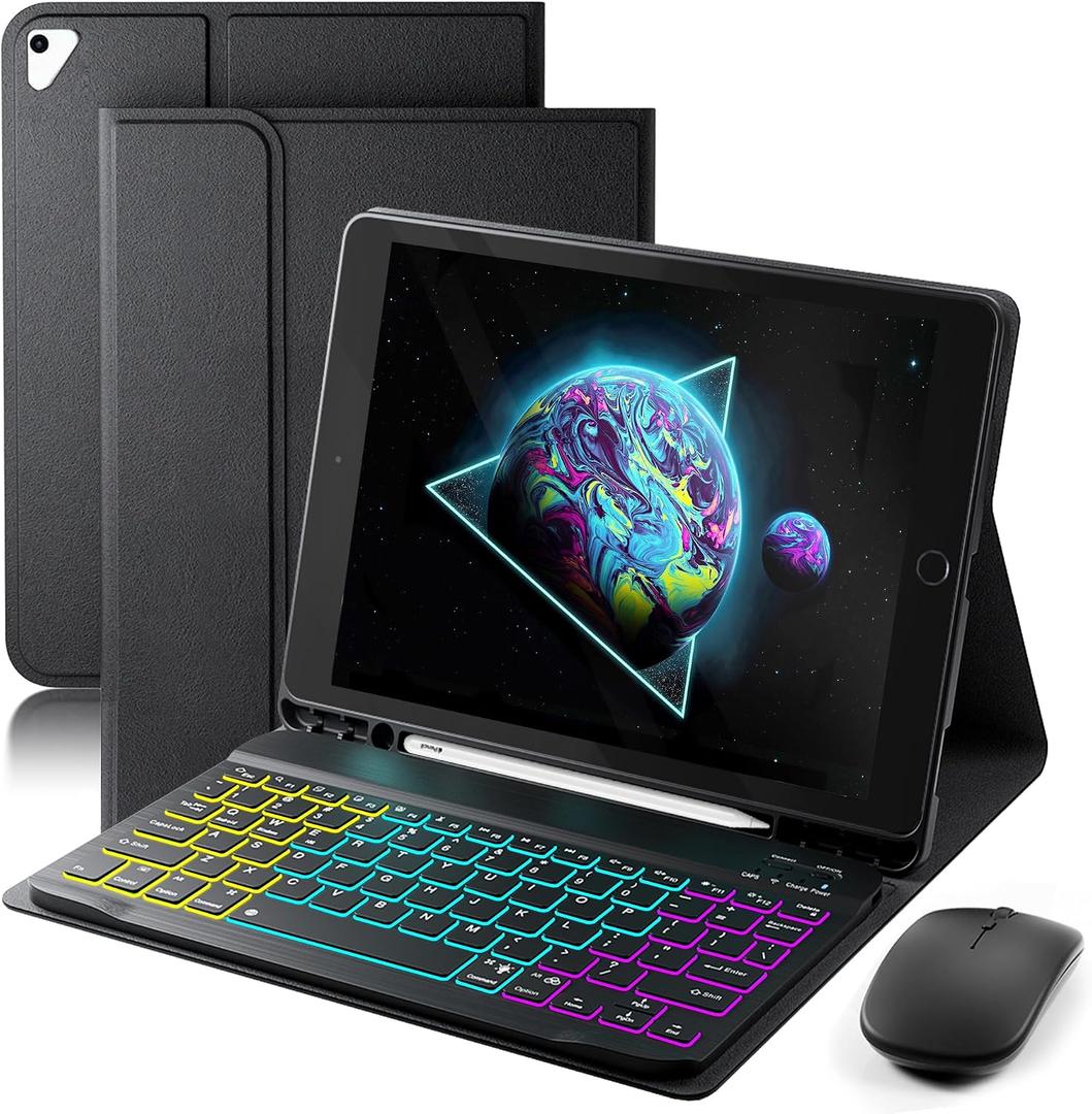 Keyboard Case for iPad 9.7 inch, iPad 6th (2018)/iPad 5th Gen(2017), iPad Pro 9.7(2016), iPad Air 2 (2014) - 7 Color Rainbow Change Backlit Magnetic Keyboard Built in Pencil Holder with Mouse- Black