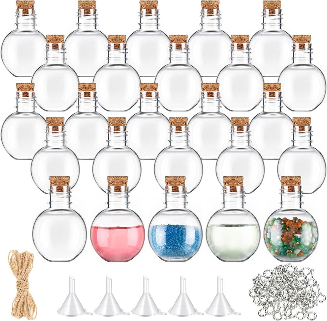 Bokon 25 Pack 1oz Plastic Mini Potion Bottles with Corks Spherical Small Sand Art jar Tiny Clear Ball Shape Liquor Bottles Bulk Wishing Vial for Birthday Halloween Party Favor DIY Crafts Gift