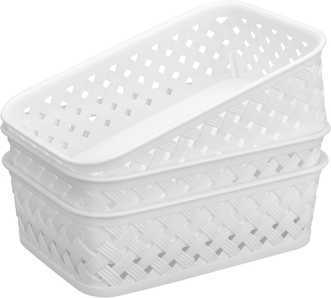 MaxGear Organization and Storage 3 Packs, Plastic Bins Organizer Bins, Woven Baskets for Storage, Plastic Baskets with Handles, White Basket for Organizing, Basket Organizer for Home and Office, Small