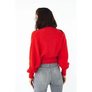 Women's Cropped Turtleneck Sweater Lantern Sleeve Ribbed Knit Pullover Sweater Jumper, Red, Small