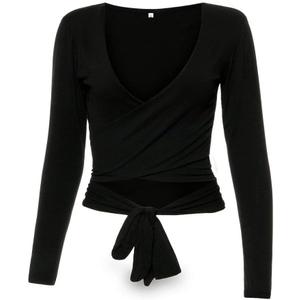 Famulily Women's Sexy Deep V Neck Bandage Surplice Wrap Crop Top (Small, Black)