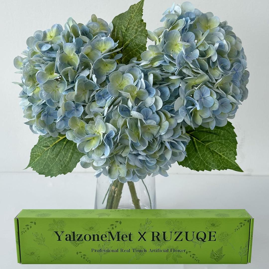 YalzoneMet 3 PCS Light Blue-Green Hydrangea Artificial Flowers 21'' Real Touch Latex Hydrangea Faux Flowers for Wedding Tables Centerpieces for Party Home Kitchen Living Room Decor