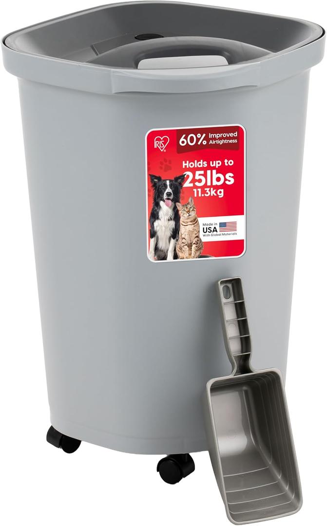 IRIS USA Pet Food Storage Container 25 lbs, Premium 60% Improved Airtight Seal with Air Valve, 2 Cup Scoop, Removable Wheels, Easy to Open - Made in the USA, Gray