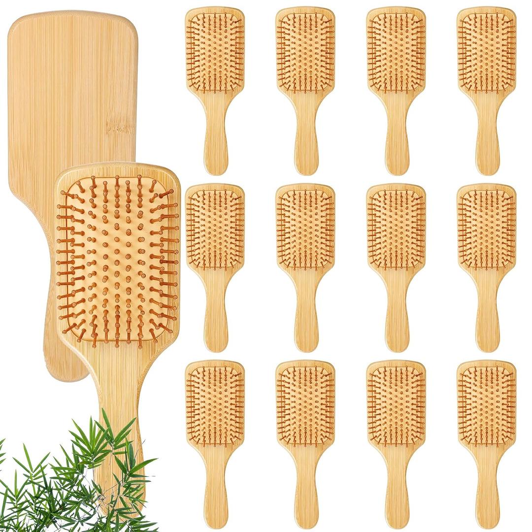10 Pcs Bamboo Hair Brush, Bulk Round-tipped Bamboo Bristles Detangling Brush Paddle Lightweight Massage Anti Static for Women Men and Children, Stimulates Scalp for Hair Growth (Large, Count, 12)