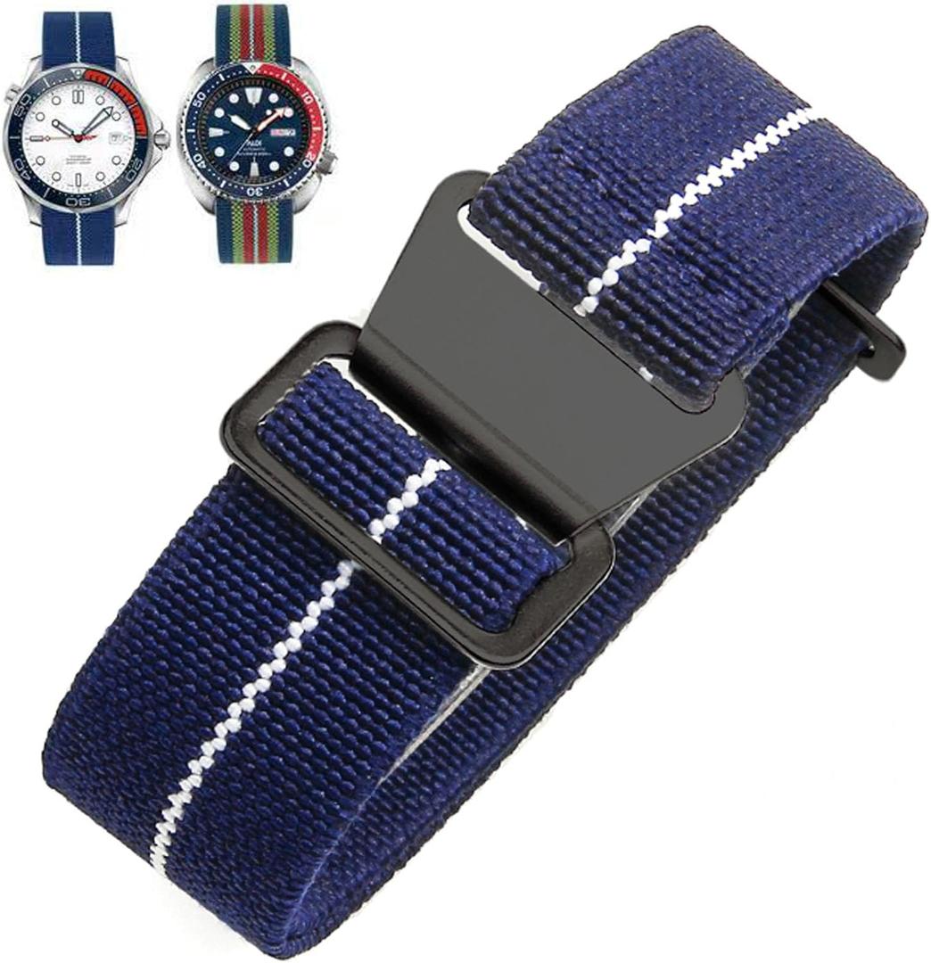 Elastic Nylon Watch Band French Troops Paratrooper Military Parachute Style 18mm 20mm 22mm Hook-and-Loop Premium Striped Fabric Nylon Replacement Watch Strap for Men Women (Blue White(Black Buckle))