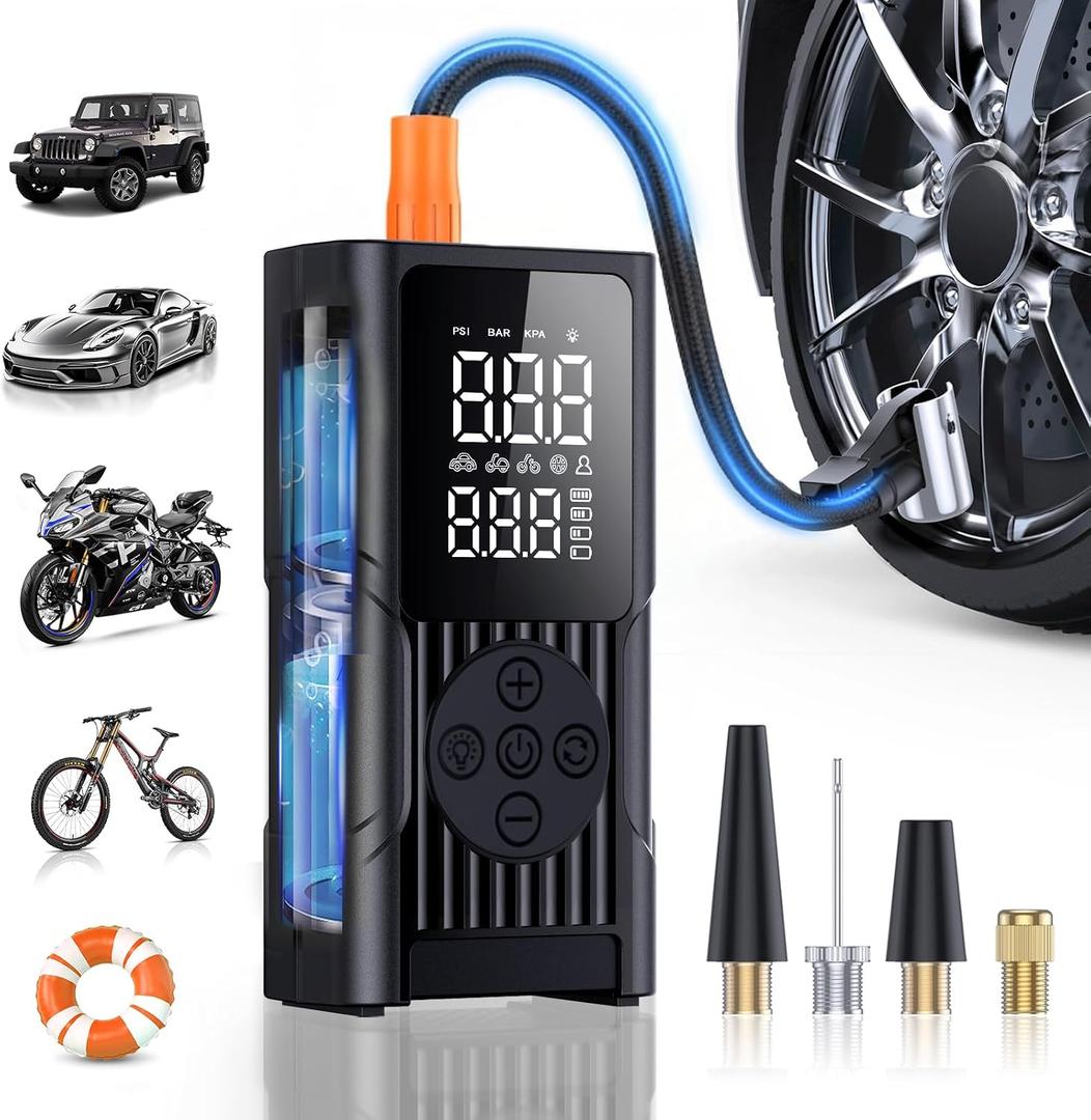 Hafuloky Tire Inflator Portable Air Compressor - 3X Faster Cordless Air Pump for Car Tires, 150PSI Electric Bike Pump with Digital Gauge & Auto Shut Off, LED Light, Power Bank