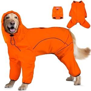 ADNIKIA Dog Raincoat, Waterproof Dog Rain Jacket with Removable Hood，Adjustable 4 Legs Pet Poncho with Leash Hole，Reflective Stripe Hooded Snowproof Windproof Clothes for Small to 3X-Large Dogs, 3XL