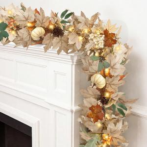 Fall Leaves Garland with Lights for Mantle Decor, 6 Ft Neutral Fall Ear Maple Leaf Garland Decorations with Pumpkins Pine Cone Berries for Home Fireplace Porch Table Harvest Christmas Indoor Outdoor