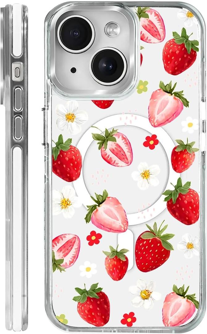 for iPhone 13/14 Case [Compatible with Magsafe],Girls Women Clear Magnetic Case Silicone Shockproof Protective Cover with Pattern Strawberry Sunflower