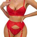 Lilosy Sexy Bow Feather Floral Lace Sheer Underwire Push Up Garter Lingerie Set (XX-Large, Red)